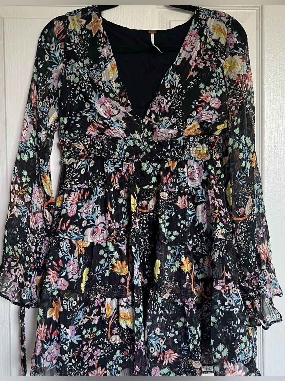 Free People Black Floral Tiered V-Neck Dress